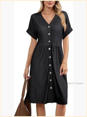 Maternity Dress with Pockets, V-Neck Short Sleeve Button Down Casual